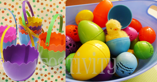 Egg shaped pails and bright colored plastic eggs